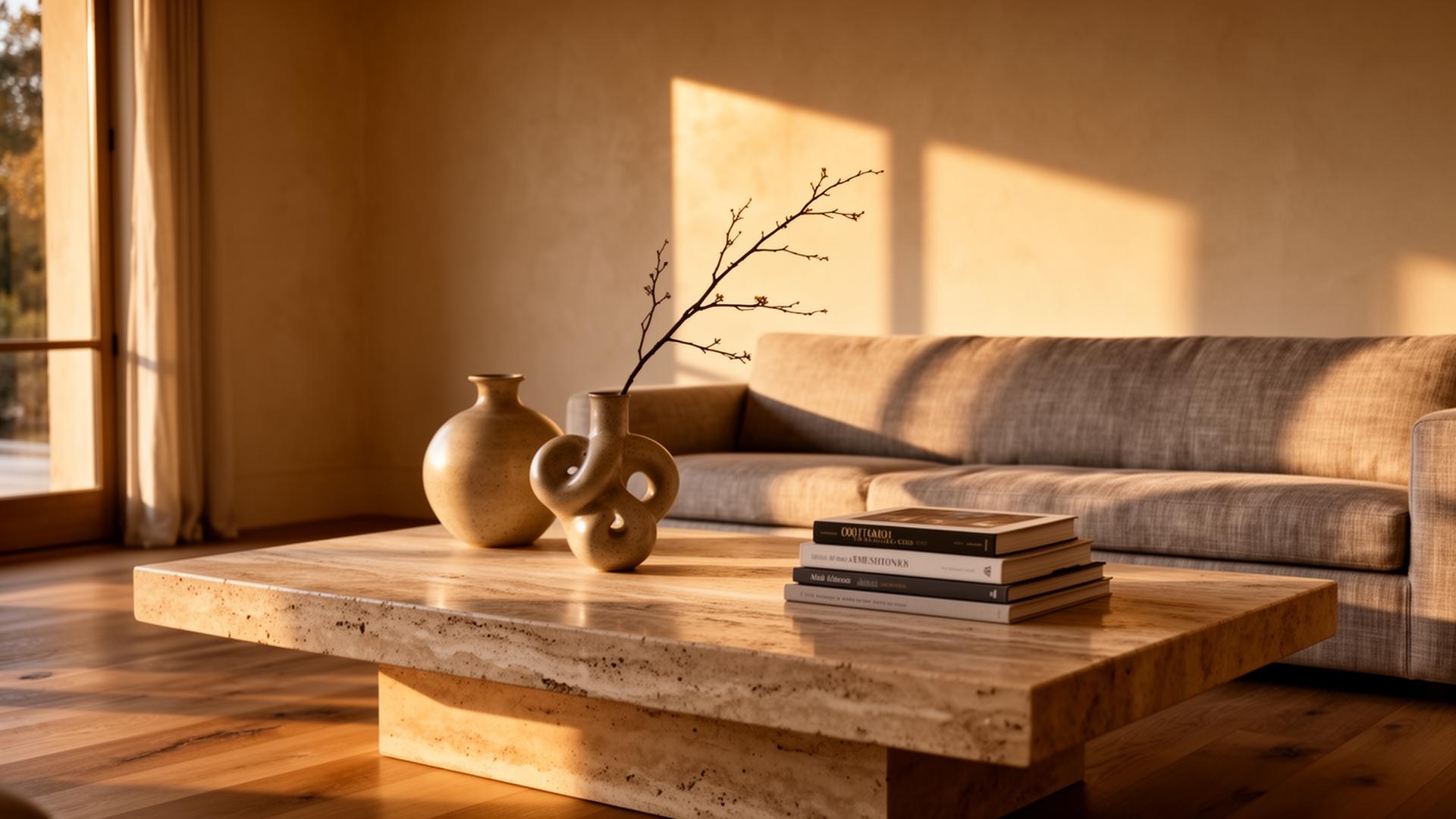 A travertine coffee table styled with sculptural vases and stacked art books in warm afternoon light